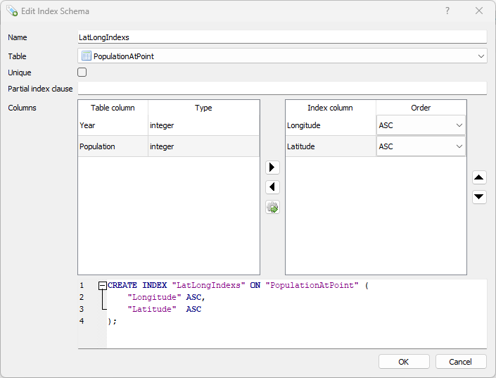 Creating a compound index on the SQLite database using DB Browser for SQLite.